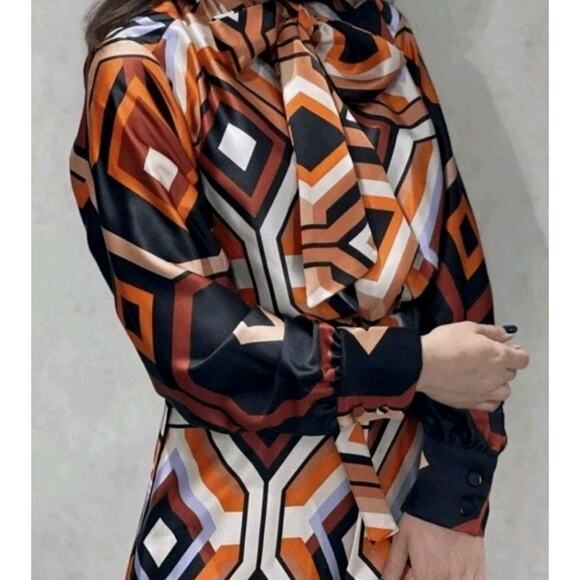 ZARA Medium Satin 70s Geometric Print Belted Neck Scarf Tie Wide Leg Jumpsuit - Picture 2 of 7